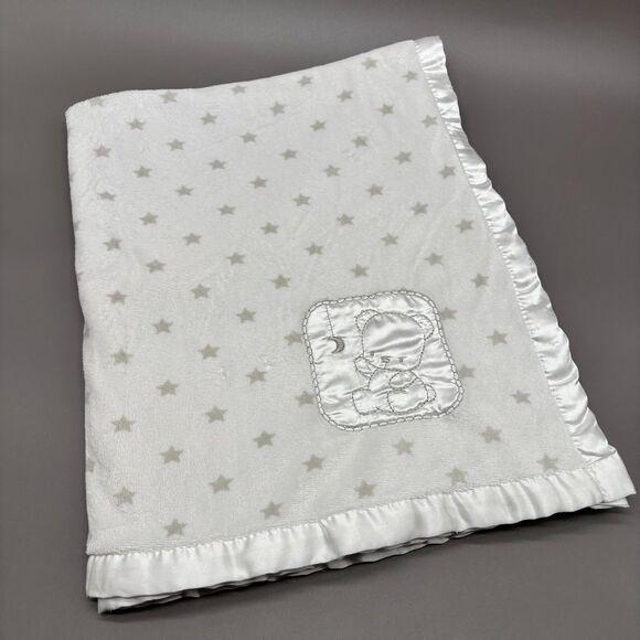 Nuby Baby Blanket Bear Moon Gray Star White Satin Trim Soft Minky Lovey Unisex - Picture 1 of 8